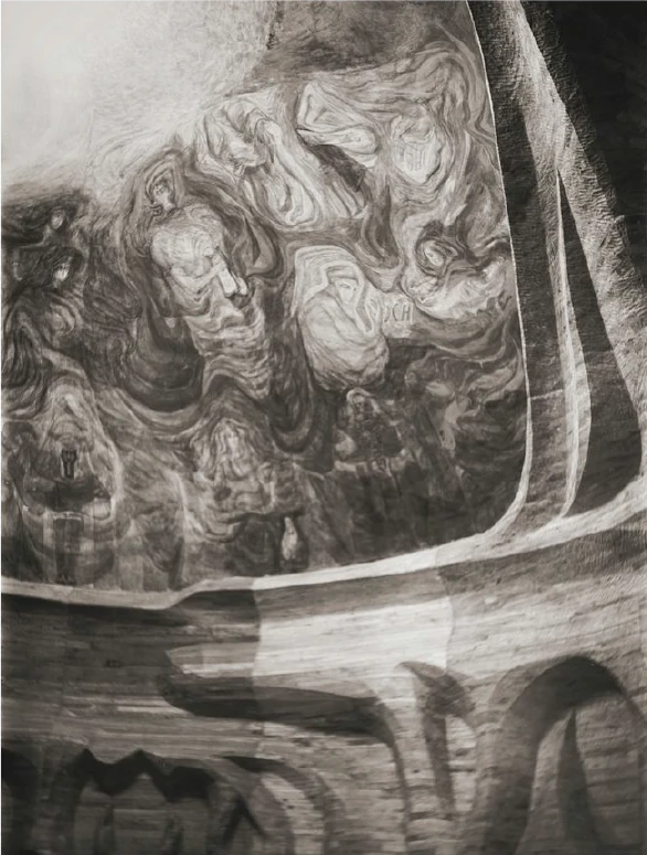 Detail of the architraves and frescoes of the small dome